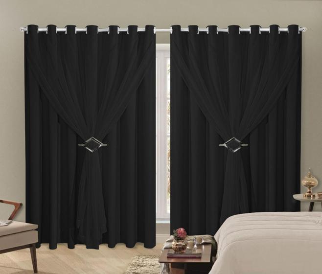 Imagem de Cortina Blackout PVC 3,00x2,40 Com Tecido Voil Sala e Quarto Corta Luz 100% Fivela Cromada