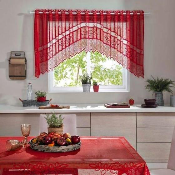 Imagem de Cortina Cascata 3X1 Com Toalha Mesa 6L Retan Vermelho Renda