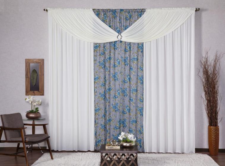 Imagem de Cortina com Bando Decorativa para Sala Quarto Escritório Malha Gel Luisa 4,00m x 2,80m Estampa 3 Floral Azul e Palha