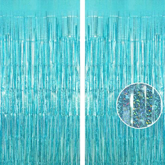 Imagem de Cortina com Franjas em Folha de Ouro - Azul Claro - Pacote com 2 Unidades AIQINHU