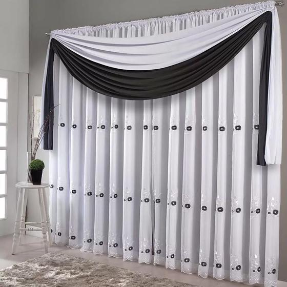 Imagem de Cortina Combinada Doha 300 x 250cm com Voal para Varão Simples Branca com Detalhes Cinza - Realce Top - Sultan