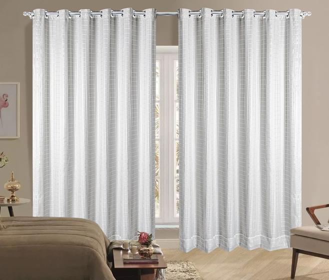 Imagem de Cortina Corta Luz 2,00m X 1,80m 100% Blackout Com Voil Xadrez Branco Com Ilhós Cromado Para Varão Simples