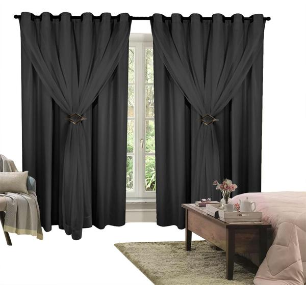 Imagem de Cortina Corta Luz 6,00m X 2,80m 100% Blackout Com Voil Preto Para Sala Ou Quarto Para Varão Simples