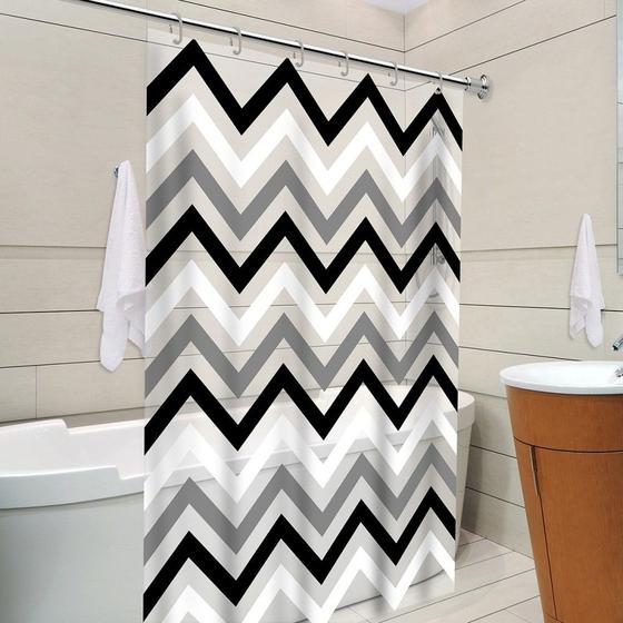 Cortina de Box Zig Zag Preto e Branco c/ gancho Anti Mofo Evita Molhadeira Menor preço em Cortina de Box Zig Zag Preto e Branco c/ gancho Anti Mofo Evita Molhadeira