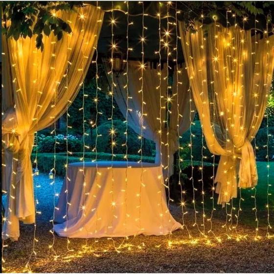 Imagem de Cortina De Fio De Fada 300 Leds 3x2m Amarela/Branca 8 Modos Com Controle Enfeites De Natal