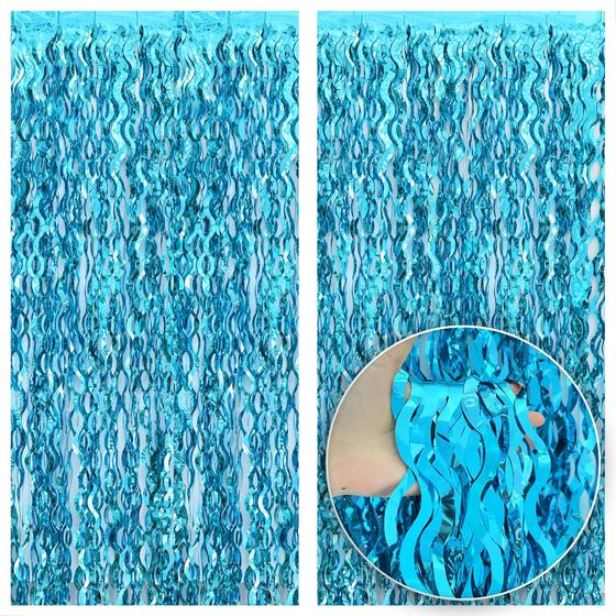 Imagem de Cortina de franja KatChon Wavy Blue Foil 3,2 x 6,5 pés, pacote com 2