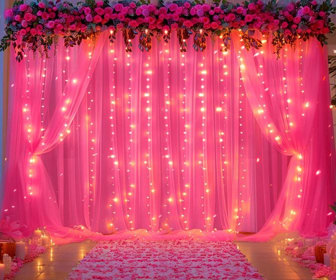 Imagem de Cortina de Fundo Suppromo de Tule Rosa Choque com Luzes - 12x2,4m