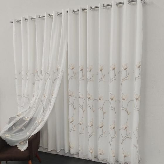 Imagem de Cortina De Voal Bordada Floral Com Forro Microfibra 3,00x2,30