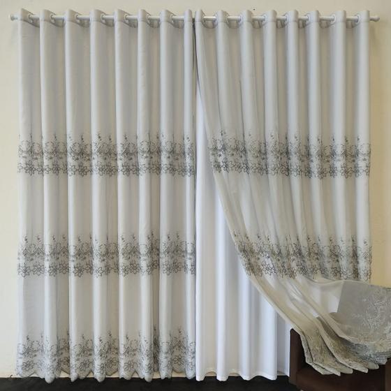 Imagem de Cortina De Voil Bordado Sala/Porta/Janela Com Forro Microfibra P/ Varão 4,00x2,50
