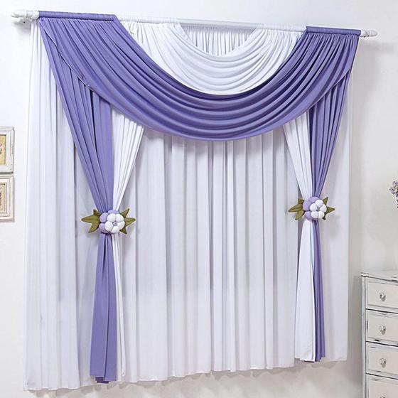 Imagem de Cortina Flowers Quarto Meninas Varão Tecido Malha Gel 2,00 x 1,80 Metros Alt - Lilás e Branco