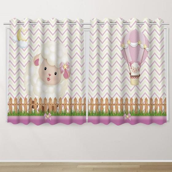 Imagem de Cortina Infantil 2,60x1,50  Ovelha Rosa  Decoração Quarto Criança- IMPAKTO VISUAL