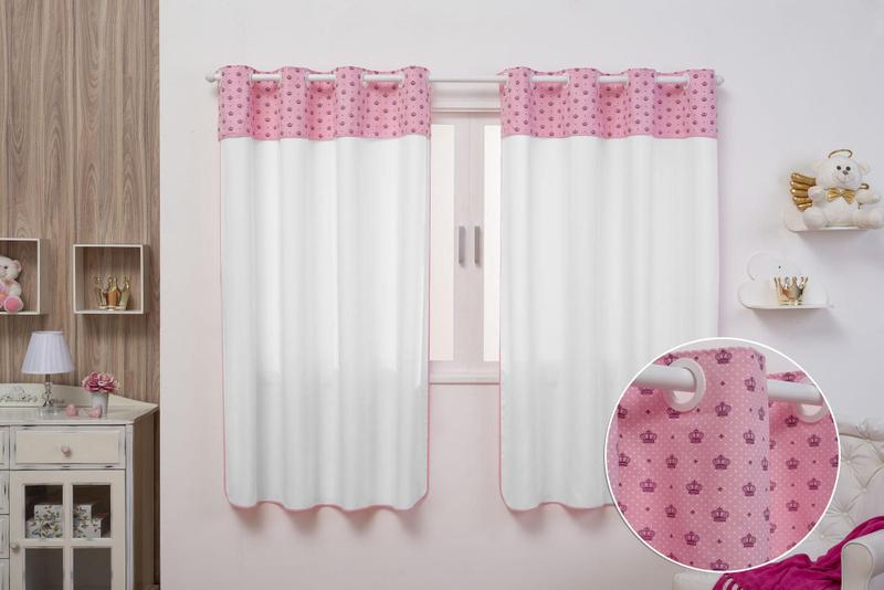 Imagem de Cortina Infantil Quarto Bebe 2,80X1,70M Branca Coroinha Rosa