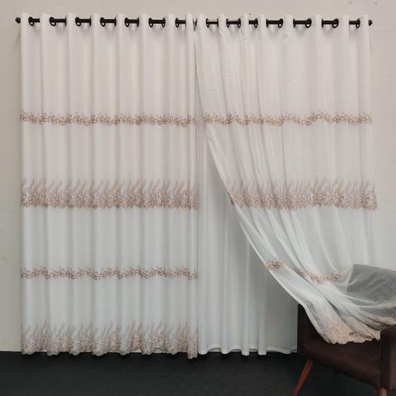 Imagem de Cortina Luxuosa Voil Bordado Com Forro Microfibra Leve P/ Varão 4,00x2,50