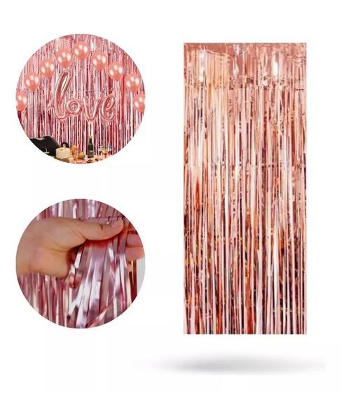 Imagem de Cortina Metalizada Franja Metálica para Decoração de Festas Rose Gold 1mt