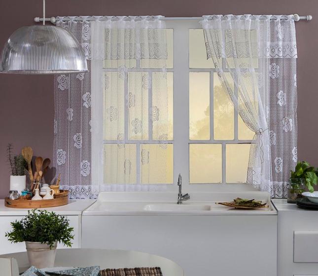 Imagem de Cortina para janela da cozinha renda desenho de rosas branca