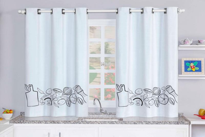 Cortina para Janela de Cozinha (Blackout Veda Luz) Estampada 2,20 X 1,30 - Branco