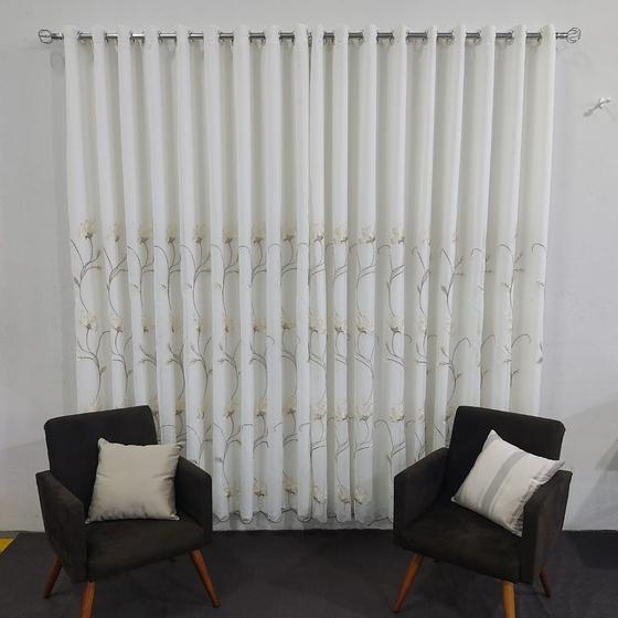 Imagem de Cortina Para Janela Porta Voil Bordado Floral Flores Forrada 6,00x2,60 Luxo