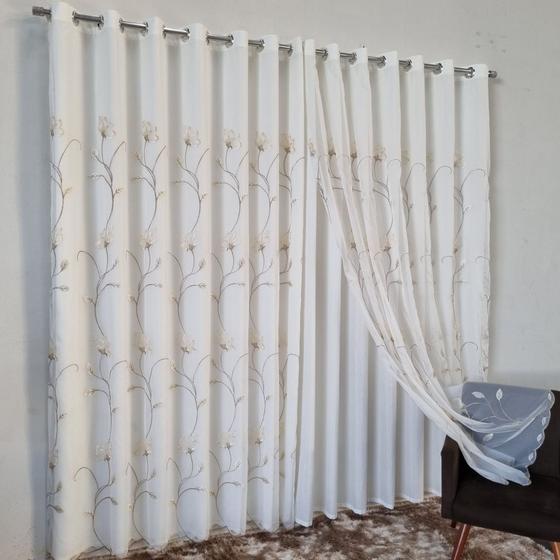 Imagem de Cortina Para Quarto Voal Bordado Com Forro Microfibra P/Varão Alto Padrão 3,00X2,70