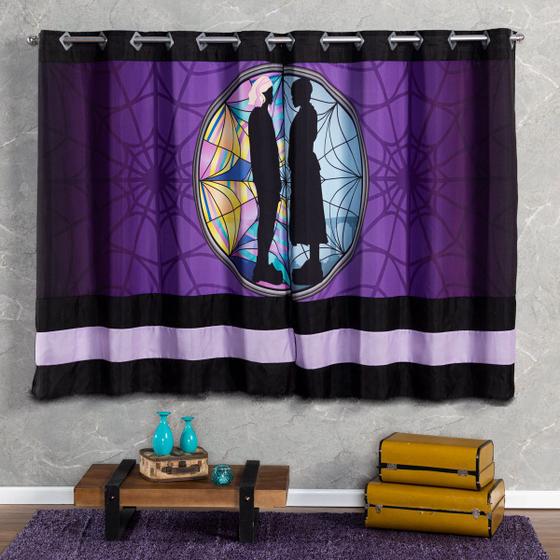 Imagem de Cortina para Quarto Wandinha Preto/Roxo 2,00m x 1,50m - Para Varão Simples