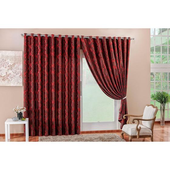 Cortina para Sala 3,00m x 2,70m Jacquard Prime Vermelho Bordados