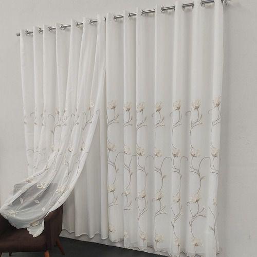 Imagem de Cortina Para Sala Quarto Suíte Bordado Voal Com Forro Microfibra Barra Bordada 6,00x2,70