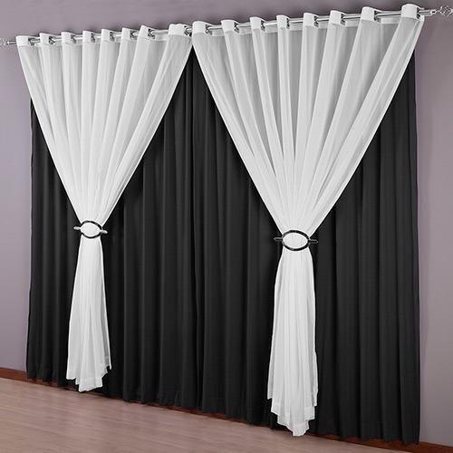 Imagem de Cortina Quarto Voal Liso Branco Com Forro Preto 4,00X2,80M