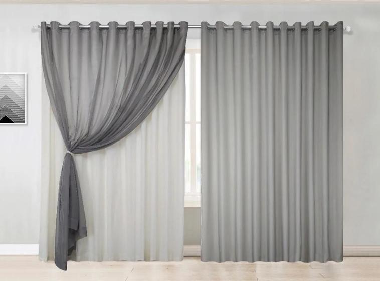 Imagem de Cortina Quarto Voal Liso Cinza Com Forro Branco 3,00X2,20M