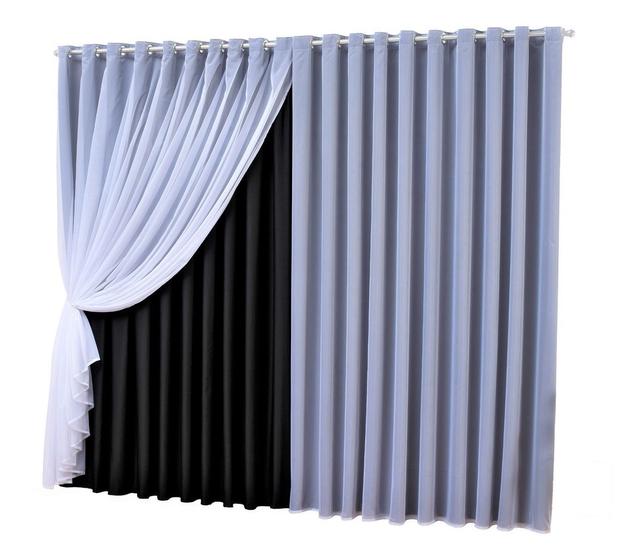 Imagem de cortina sala quarto voal com forro blackout preto 3,00x2,80
