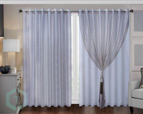 Imagem de cortina sala voal xadrez cinza com forro branco 4,00x2,50