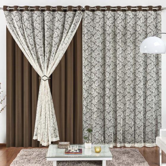 Imagem de Cortina Serena para Trilho Comum Tecido Renda Floral e Malha 2,00m x 1,70m Sala Quarto - Tabaco - 100% Poliéster