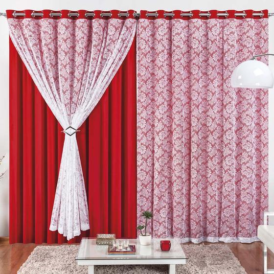 Imagem de Cortina Serena para Trilho Suisso Max Tecido Renda Floral e Malha 3,00m x 2,50m Sala Quarto - Vermelho - 100% Poliéster