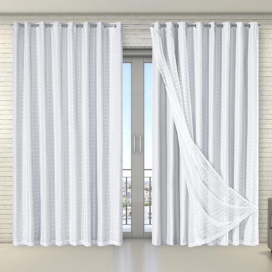 Imagem de Cortina Tecido Blecaute Com Voil Xadrez 2,70M X 2,30M Branco