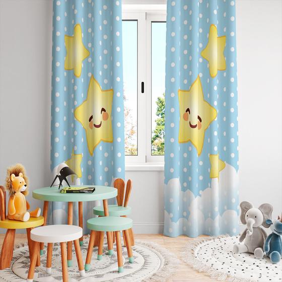 Imagem de Cortina Tecido Oxford Quarto Infantil Brilha Brilha Estrelinha Sorridente Poá - 280x220cm