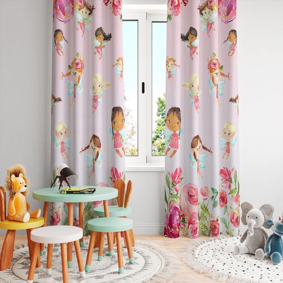 Imagem de Cortina Tecido Oxford Quarto Infantil Fadinhas Flores CI32 - 280x220cm
