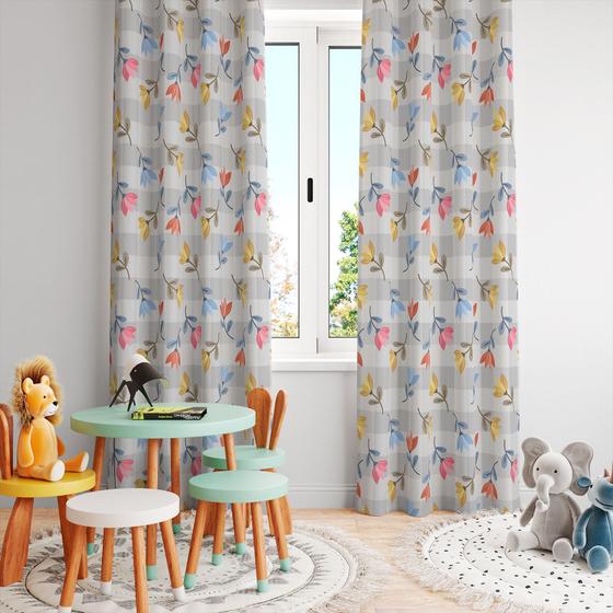 Imagem de Cortina Tecido Oxford Quarto Infantil Floral Xadrez Cinza - 280x220cm