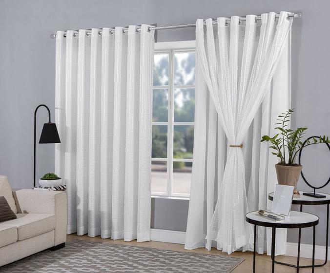 Imagem de cortina voal xadrez forro tecido blackout branco 4,00x2,80
