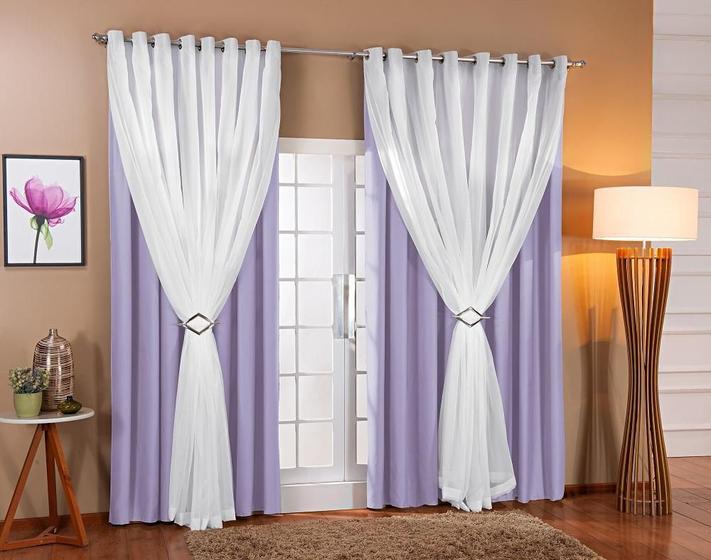 Imagem de Cortina Voil Forro Blackout Tecido 5,00X2,80 Lilás/Branco
