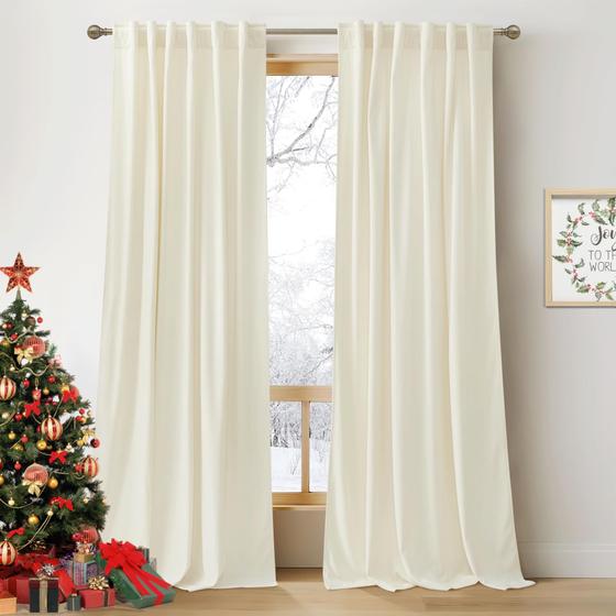 Imagem de Cortinas de Veludo RYB HOME - Super Soft, Creme e Branco - 132x274cm (2 Peças)