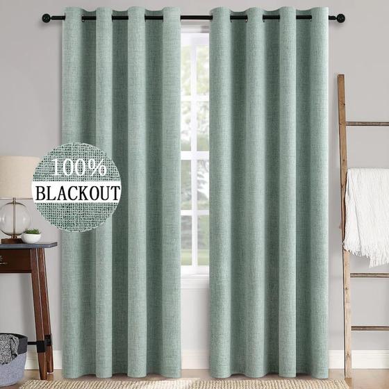 Imagem de Cortinas MIULEE com textura de linho 100% Blackout Seafoam Green 52x84