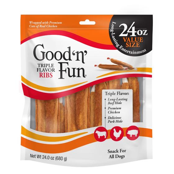 Imagem de Costelas Good 'n' Fun de sabor triplo Rawhide Chews 680 ml para cães