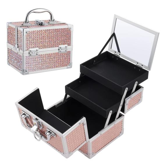 Imagem de Costravio Portable Makeup Train Case Caixa Cosmética 2 Bandejas Organizador de Armazenamento de Maquiagem com Espelho Bloqueável para Unhas Tech Joias Meninas Caso de Viagem - Ouro Rosa