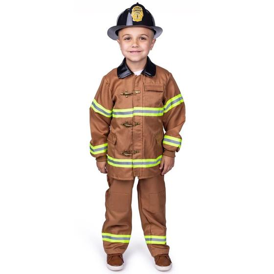 Imagem de Costume Dress Up America Fireman para crianças com capacete e acessórios.