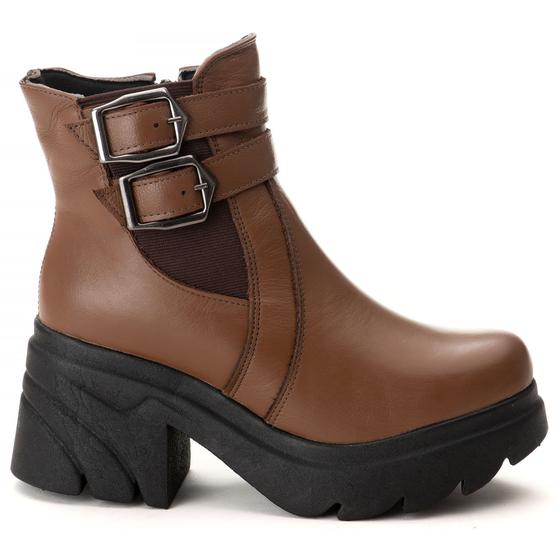 Imagem de Coturno Bota Feminina Em Couro Plataforma Tratorada Fivelas Elástico Confortável Inverno