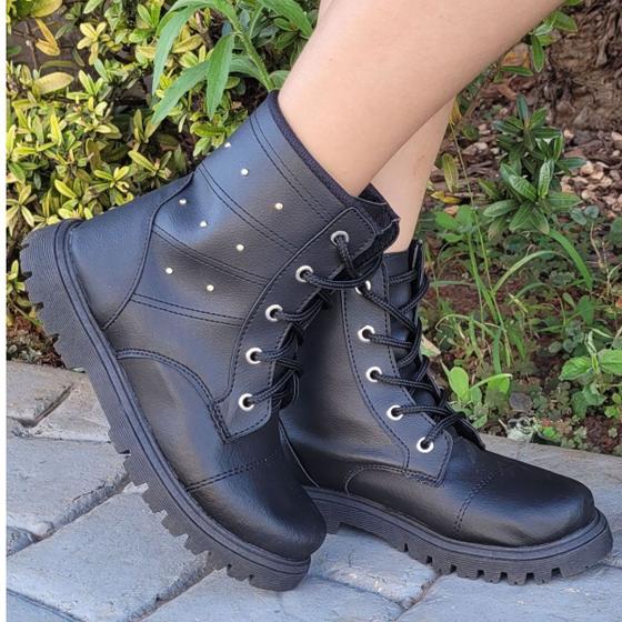 Imagem de Coturno Infantil Feminina Bota Menina Tratorada Estilo Militar Strass Juvenil Pedrinhas Botina Inverno Lançamento Blogueirinha Confortável Shoes Kids