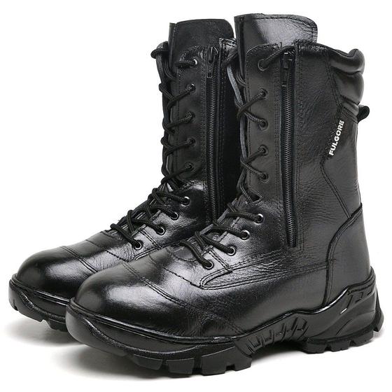 Coturno militar tatico em couro preto 2 zíperes Menor preço em Coturno militar tatico em couro preto 2 zíperes