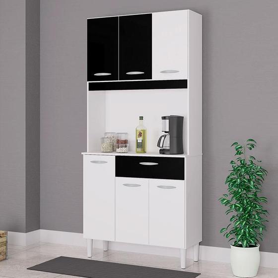 Cozinha Ambiente Kit Cassia 6 Portas Branco Preto - Poquema Menor preço em Cozinha Ambiente Kit Cassia 6 Portas Branco Preto - Poquema