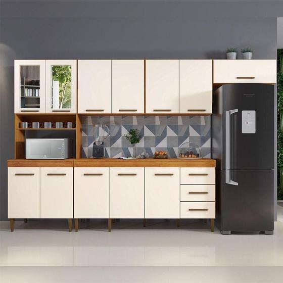 Imagem de Cozinha Atenas Com Vidro Reflecta 12 Portas 3 Gavetas Naturalle Com Off White
