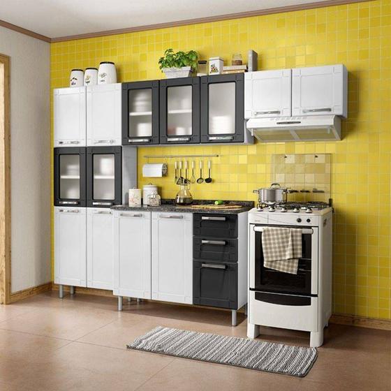Imagem de Cozinha Bertolini Multipla Compacta 4 Pecas 5 Vidros Branco / Preto Paneleiro Duplo, Armarios Aereos e Gabinete