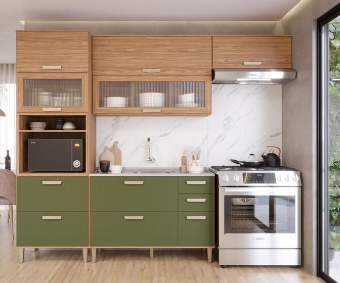 Imagem de Cozinha Compacta 100%Mdf 4 Peças 2 Aéreos 1 Balcão E 1 Torre Quente Bella Mgm Freijó/Verde