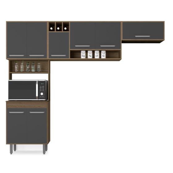 Imagem de Cozinha Compacta 3 Peças Com 8 Portas e Paneleiro Duplo Barcelona Cor Carvalho Oak Grafite Poliman Móveis